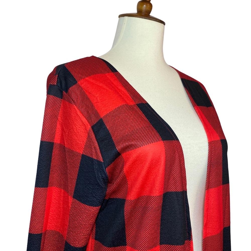 Red & Black Buffalo Plaid Long Sleeve Duster Cardigan - Picture 11 of 16